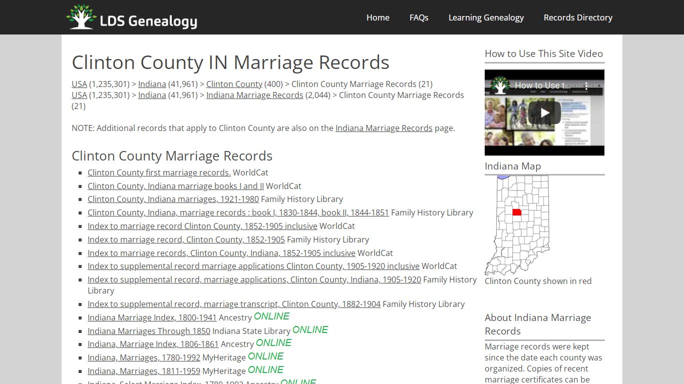 Clinton County IN Marriage Records - LDS Genealogy